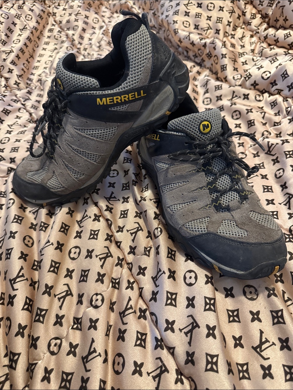 Merrell Gray and Black Trail Running Shoes with Yellow Accents